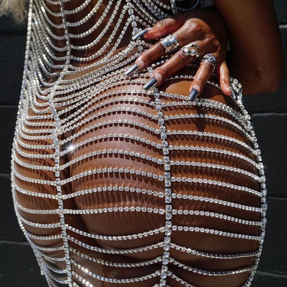 Rhinestone Bodysuit Dress Women Summer Bikini Body Chain Harness Body Jewelry - Picture 4 of 9